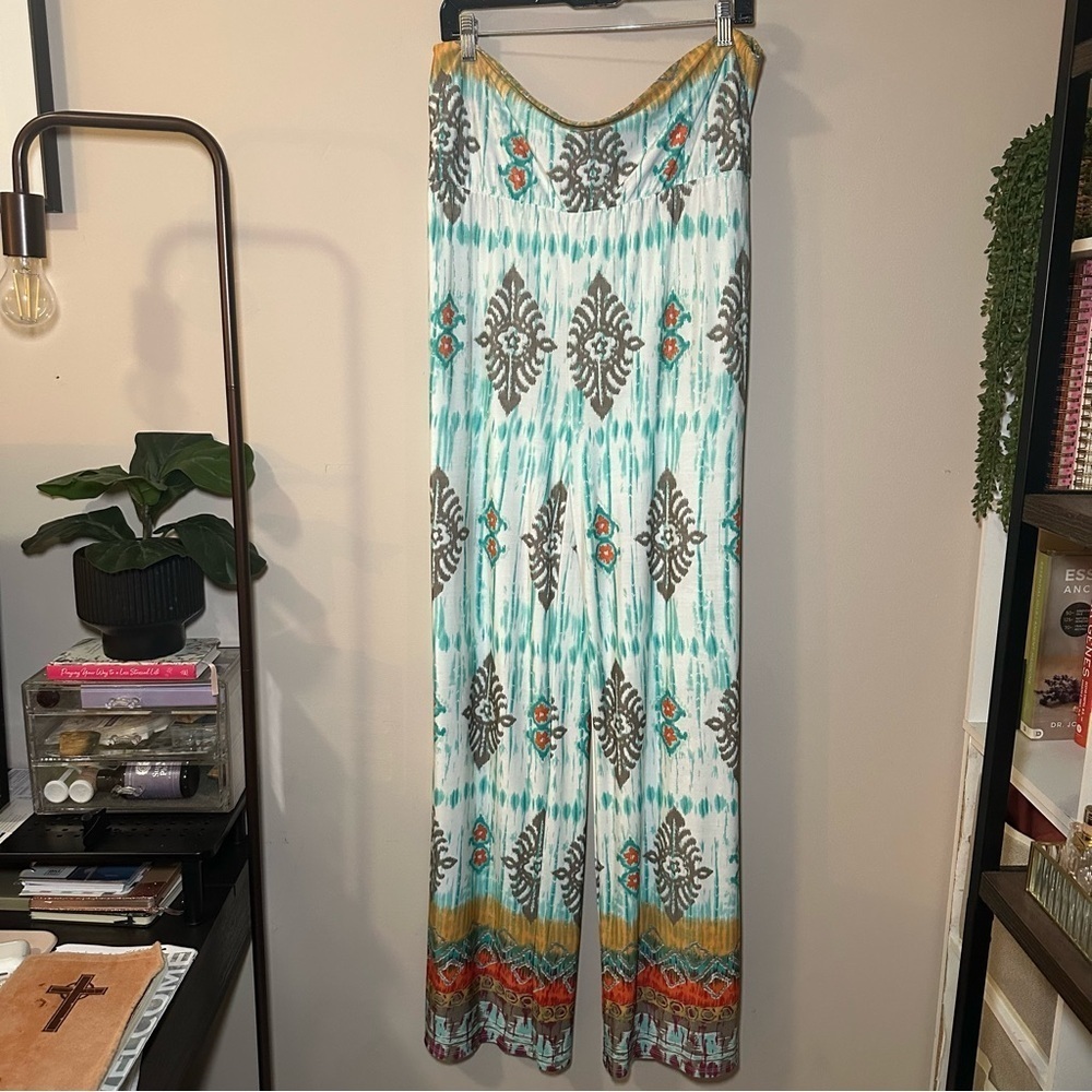 VENUS Tribal Print Flowy Palazzo Yoga Lounge Pants Size XL White Blue Green